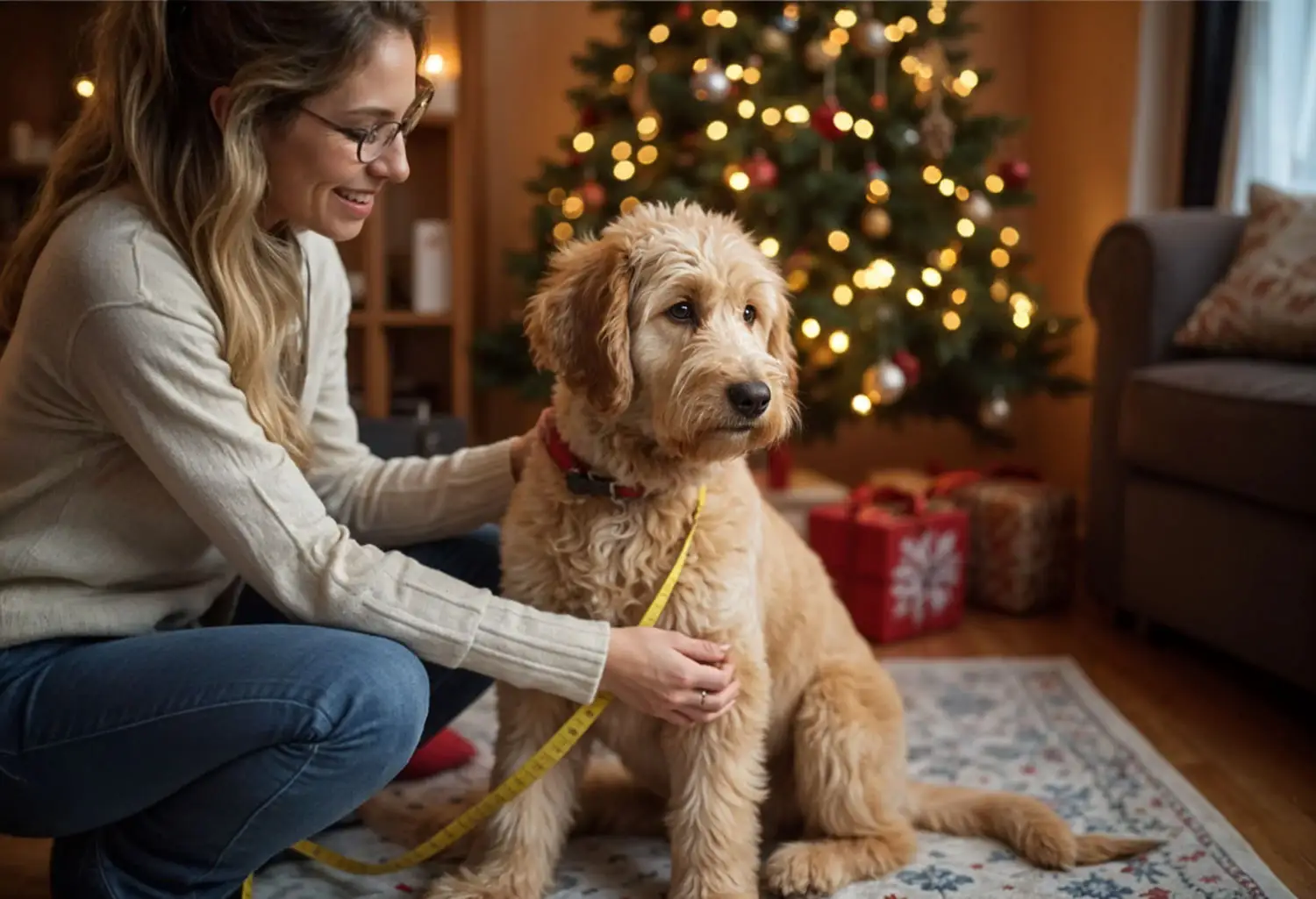 a woman measuring her dog for a christmas jumper