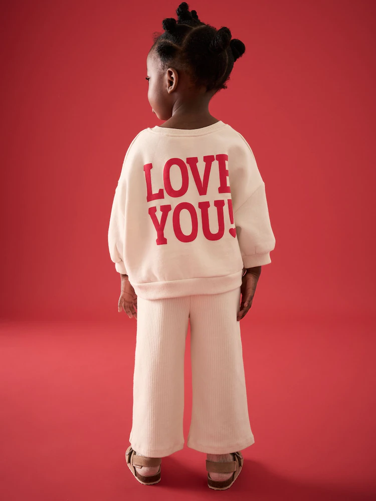 Cream Heart Sweatshirt and Wide Leg Trousers Set